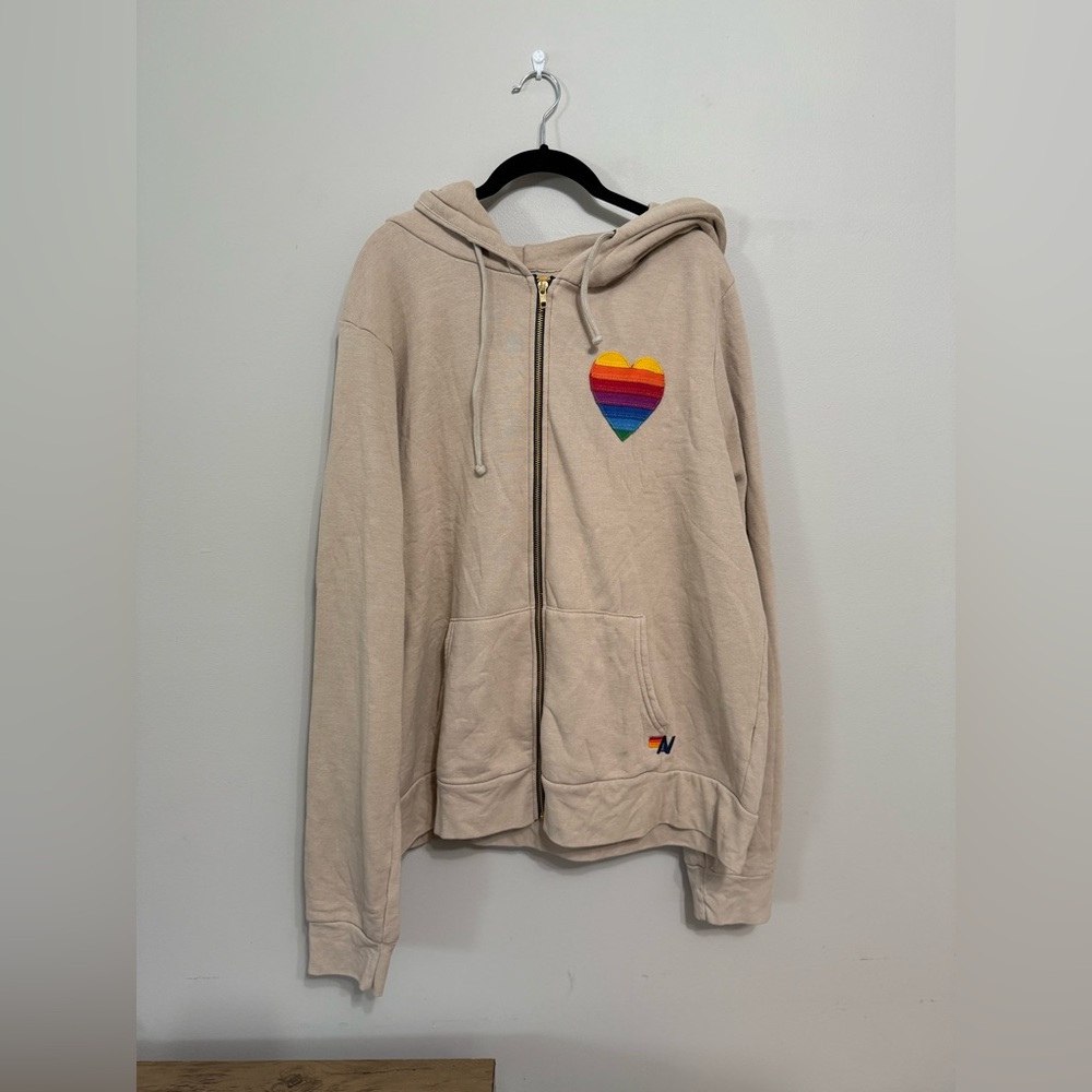 Aviator Nation Tan Rainbow Heart Full Zip Hoodie
